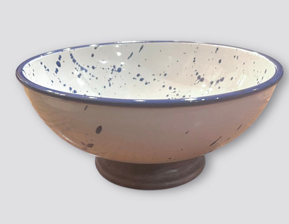 Kauri Brand Pottery Bowl with Wood Pedestal Base White and Blue 11” Art Serving